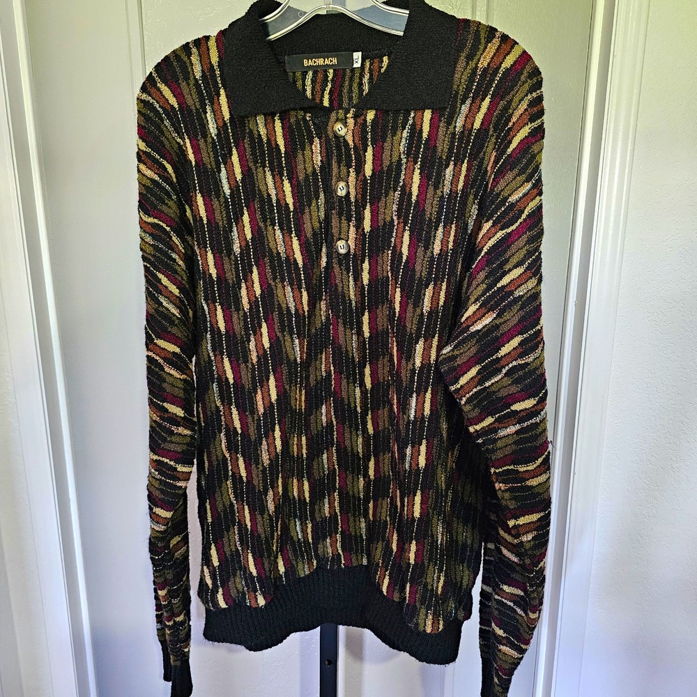 Vtg 90s Bachrach 3D Textured Knit Coogi Style Polo Sweater XL